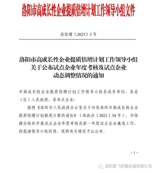 喜報——熱烈祝賀我司成為洛陽市高成長性企業提質倍增計劃試點企業 喜報——熱烈祝賀我司成為洛陽市高成長性企業提質倍增計劃試點企業